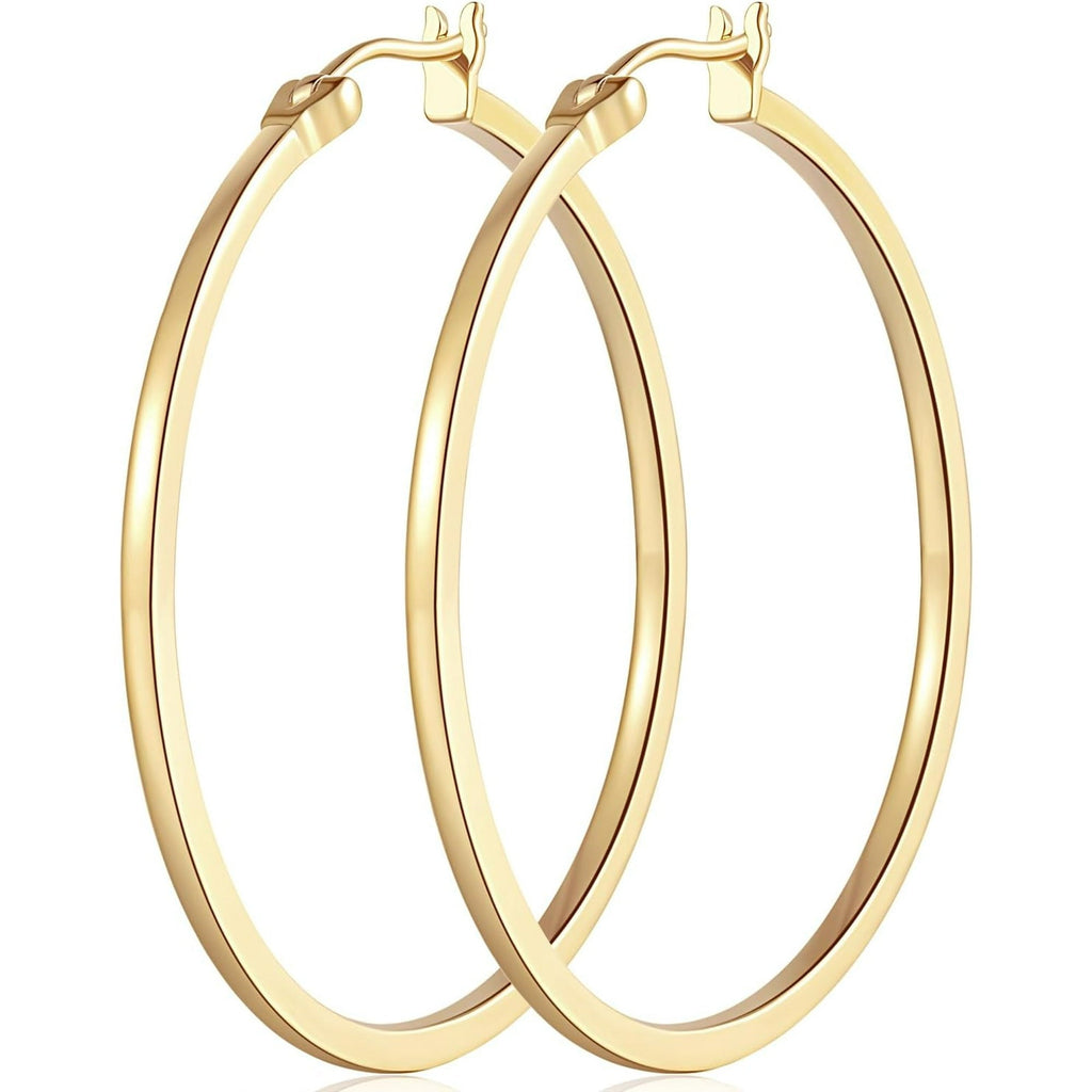 14K Gold Hoop Earrings for Women Large Gold Hoop Earrings Round Square-edge Gold Earrings for Women 14 Karat Gold Hoops Earrings Women’s Hoop Earrings (40mm)