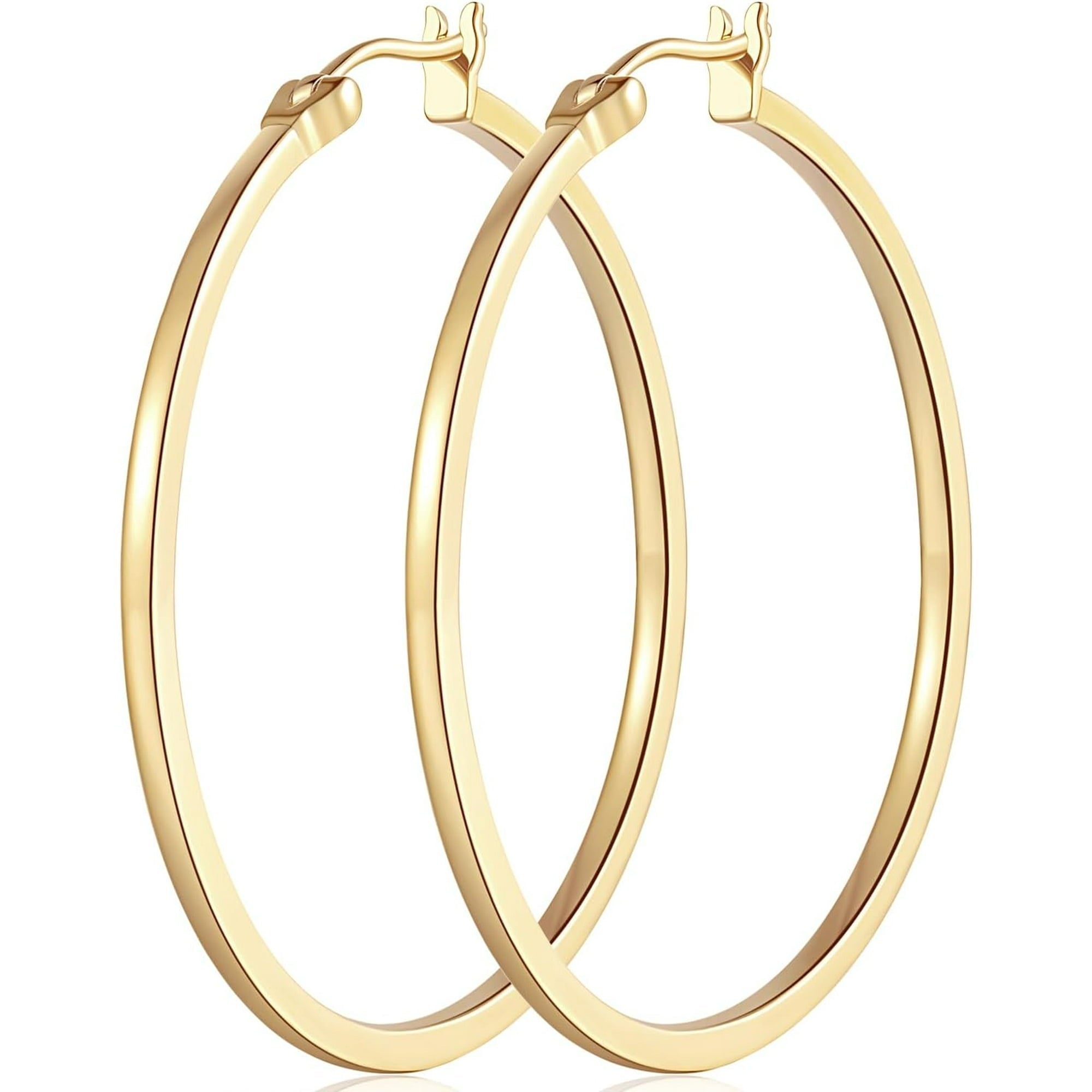 14K Gold Hoop Earrings for Women Large Gold Hoop Earrings Round Square-edge Gold Earrings for Women 14 Karat Gold Hoops Earrings Women’s Hoop Earrings (40mm)