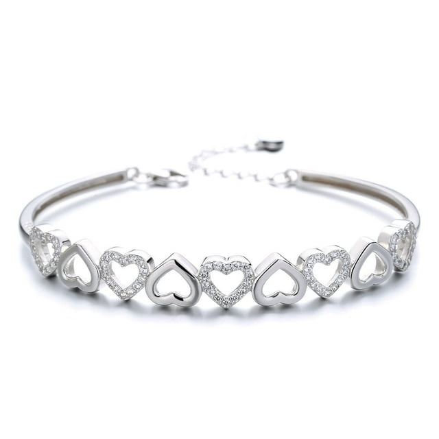 Amy and Annette 14K White Gold Hearts Bangle Adjustable Bracelet with crystals from Swarovski in 14K White Gold Plated