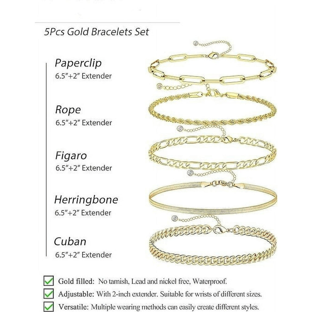 Gold Bracelets for Women, 14K Gold Plated Jewelry Sets for Women Trendy Thin Dainty Stackable Cuban Link Paperclip Chain Bracelet Pack Fashion Accessories Gifts