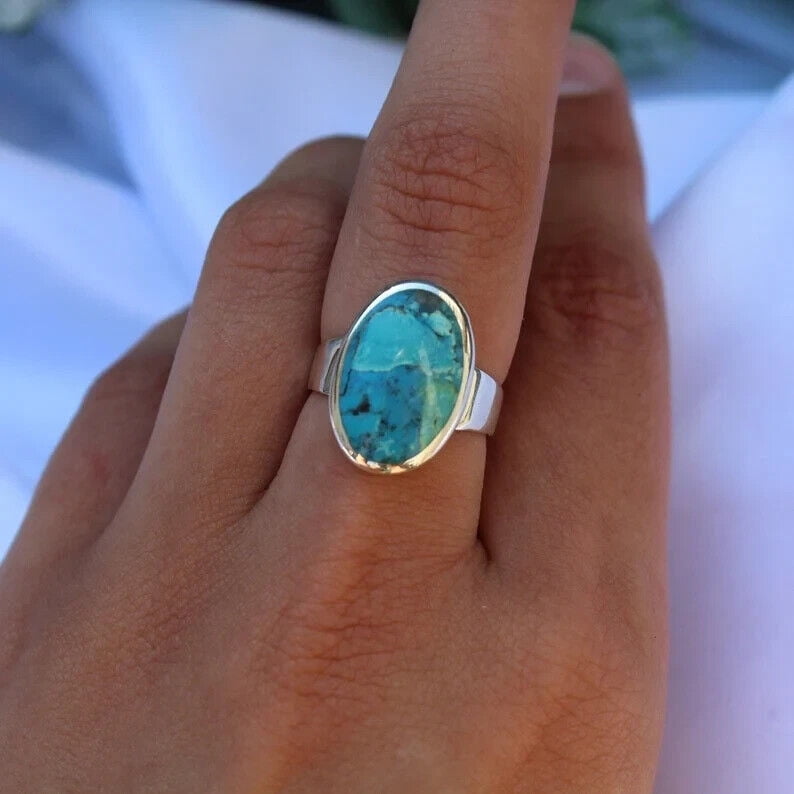 Sterling Silver Turquoise Large Oval Ring Blue Gemstone December Birthstone Ring