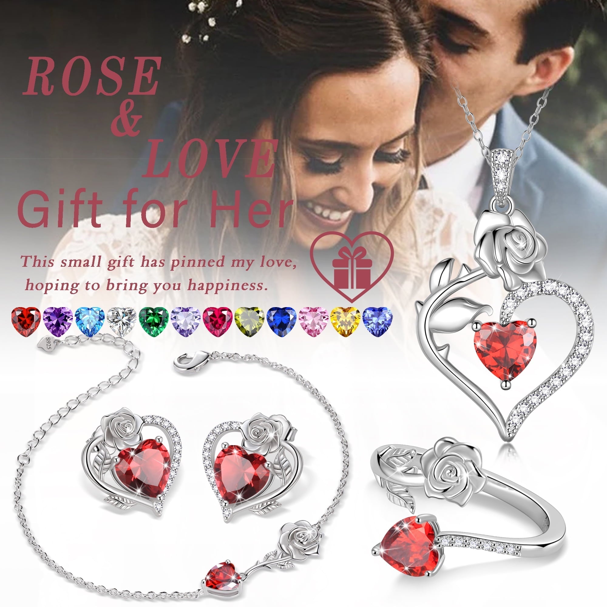 Beautlace Rose Heart Jewelry Set,December Birthstone Rose Flower Heart Necklace/Earrings/Ring/Bracelet Set 925 Sterling Silver Jewelry Birthday Christmas Valentines Mother's Day Gifts for Women Mom