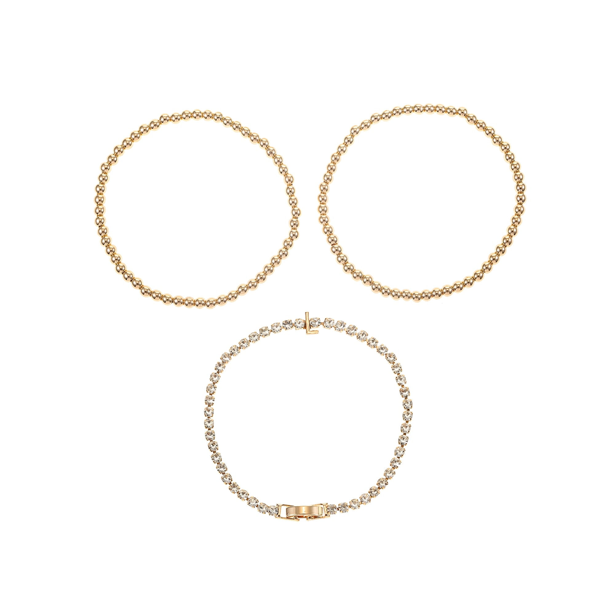 Time and Tru Goldtone and Crystal Beaded Stretch Bracelets, 3 Pieces, Initial Letter A