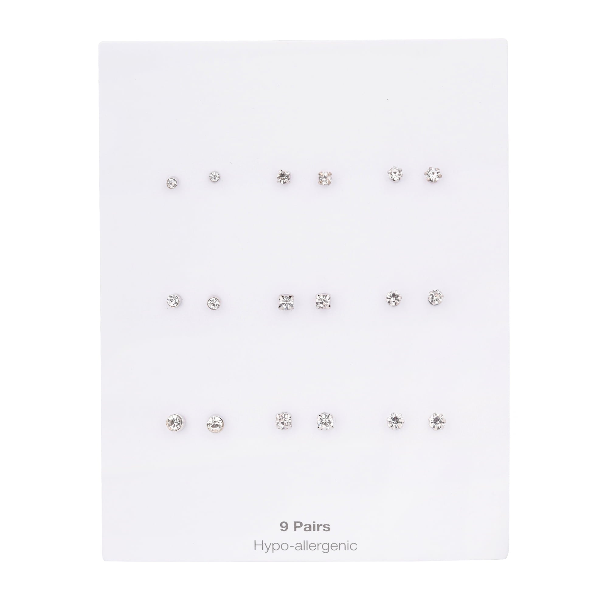 Time and Tru Adult Women's 9 Pair Silver Tone Crystal Stud Metal Earrings Set