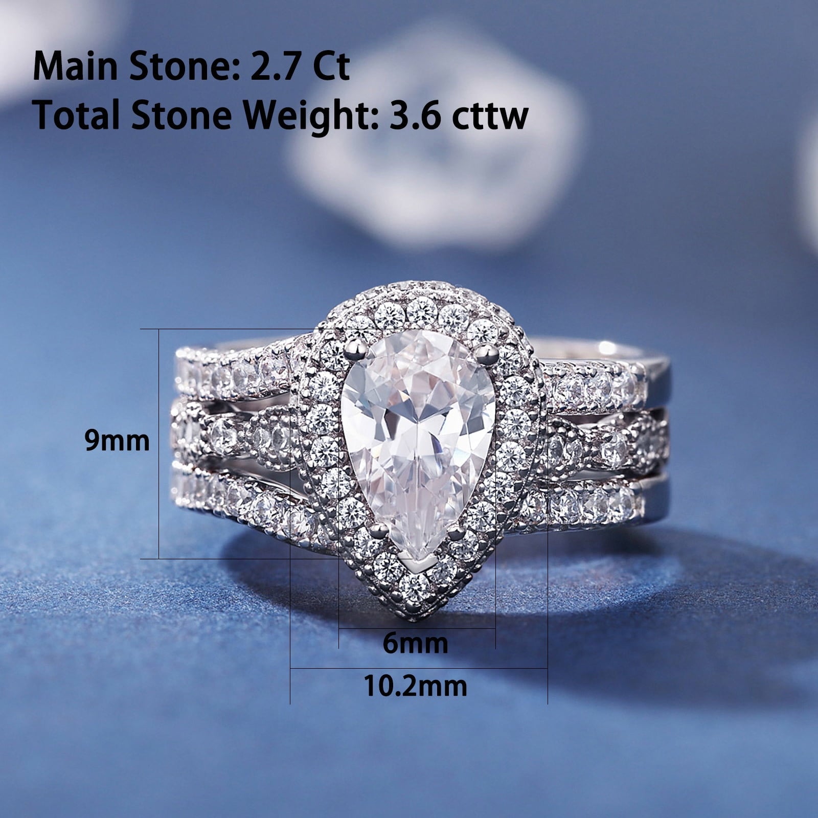 Newshe Jewellery Wedding Rings for Women Bridal Ring Enhancer Engagement Ring 3Ct Pear White Gold 925 Sterling Silver 5A Cz Size 7