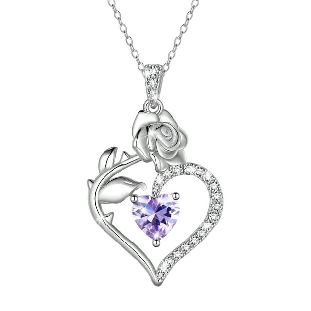 Beautlace 925 Sterling Silver Birthstone Necklace Rose Flower Heart Pendant Jewelry Christmas Valentines Mother's Day Gifts for Women Mom Wife/Lover