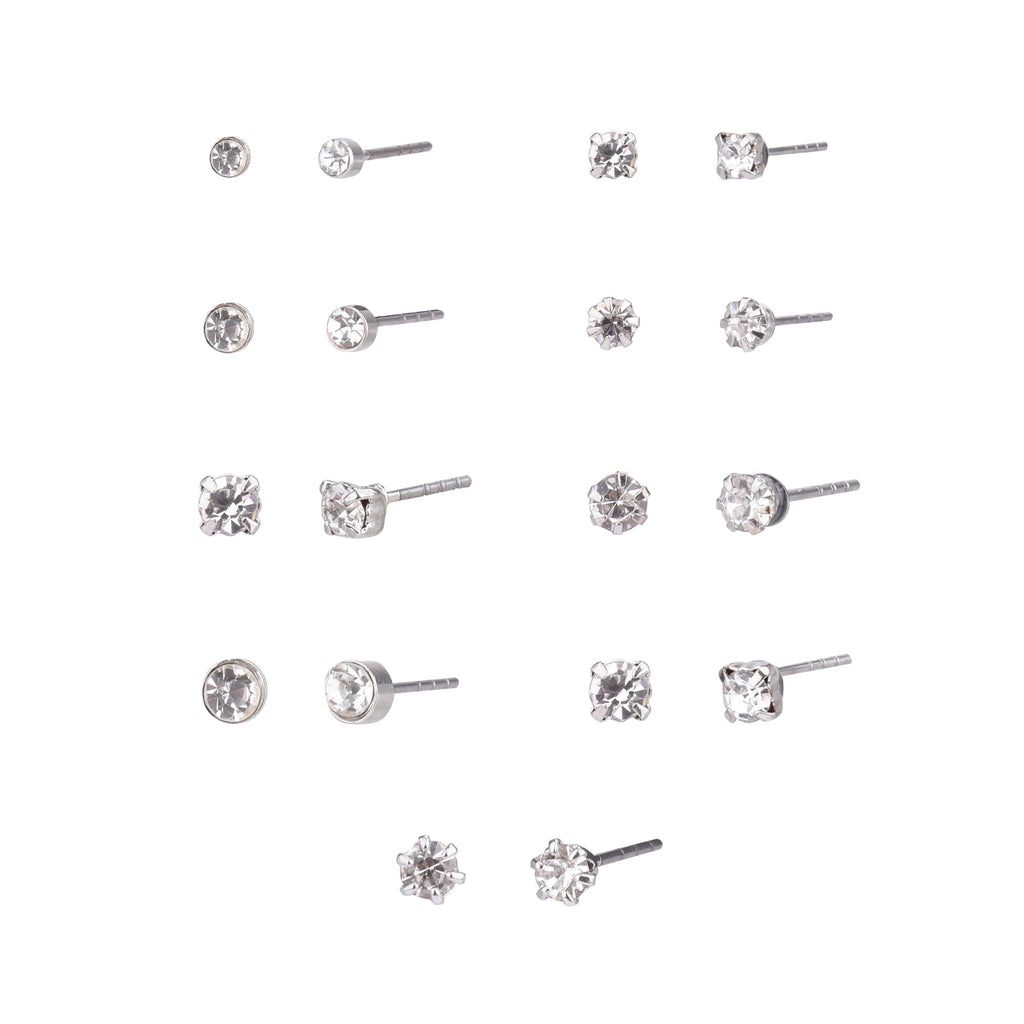 Time and Tru Adult Women's 9 Pair Silver Tone Crystal Stud Metal Earrings Set