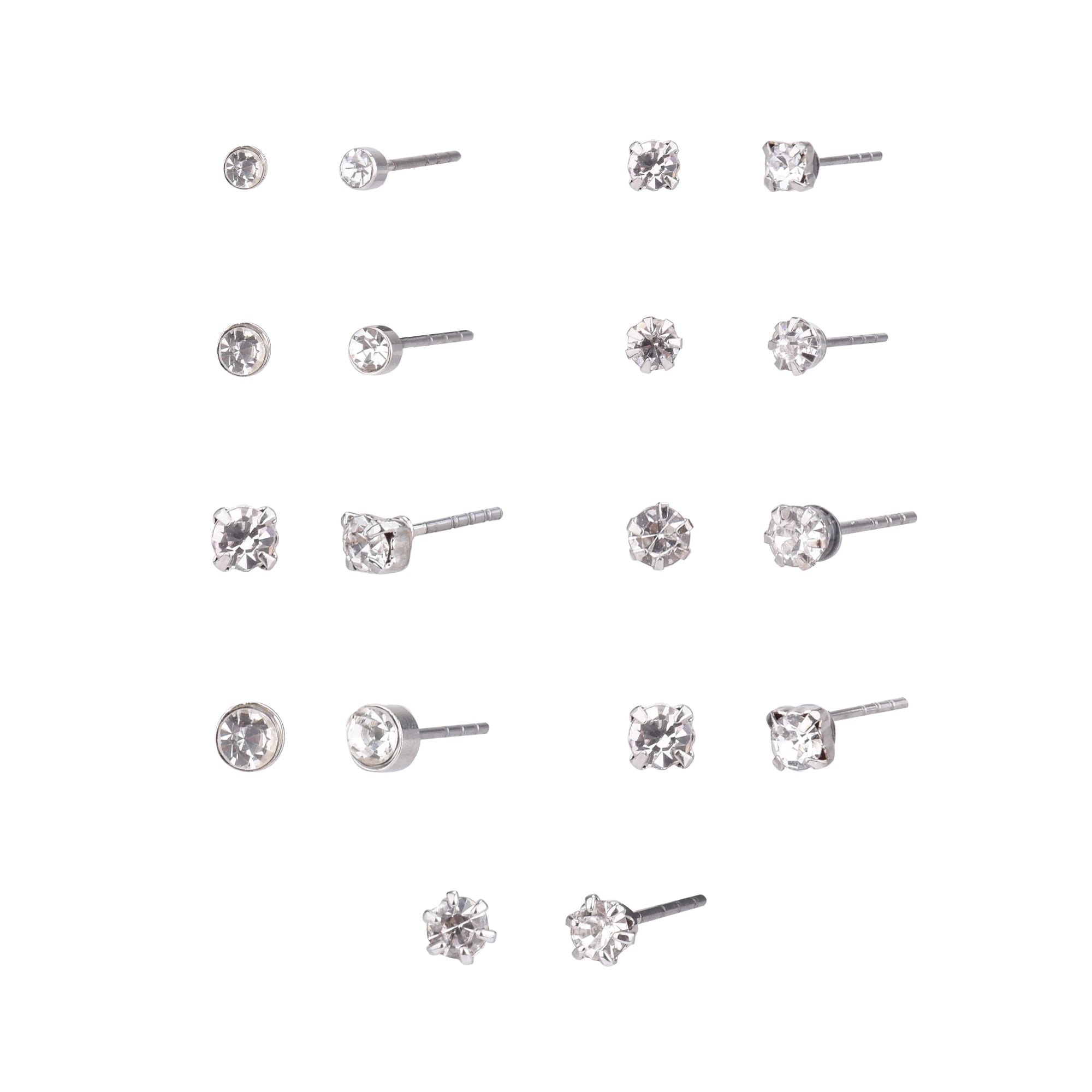 Time and Tru Adult Women's 9 Pair Silver Tone Crystal Stud Metal Earrings Set