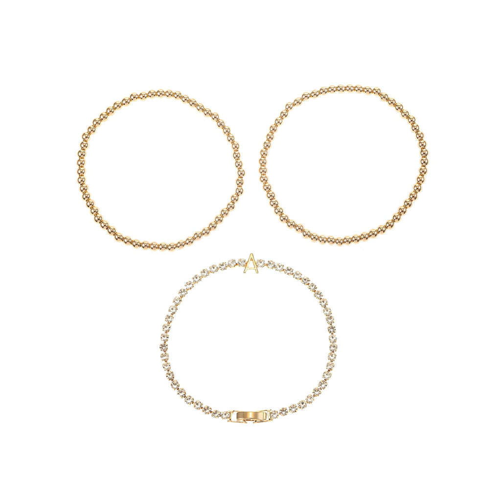 Time and Tru Goldtone and Crystal Beaded Stretch Bracelets, 3 Pieces, Initial Letter A