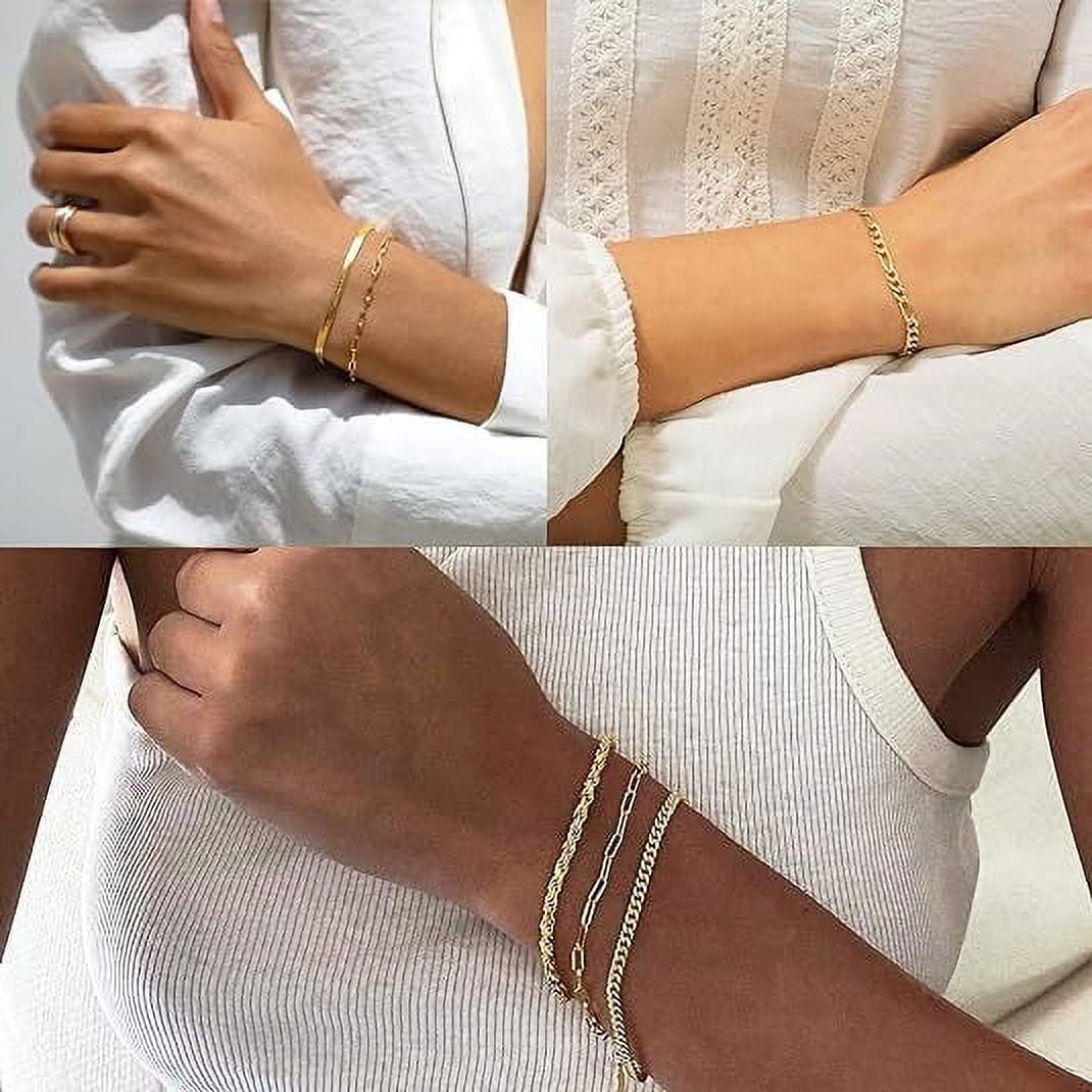 Gold Bracelets for Women, 14K Gold Plated Jewelry Sets for Women Trendy Thin Dainty Stackable Cuban Link Paperclip Chain Bracelet Pack Fashion Accessories Gifts