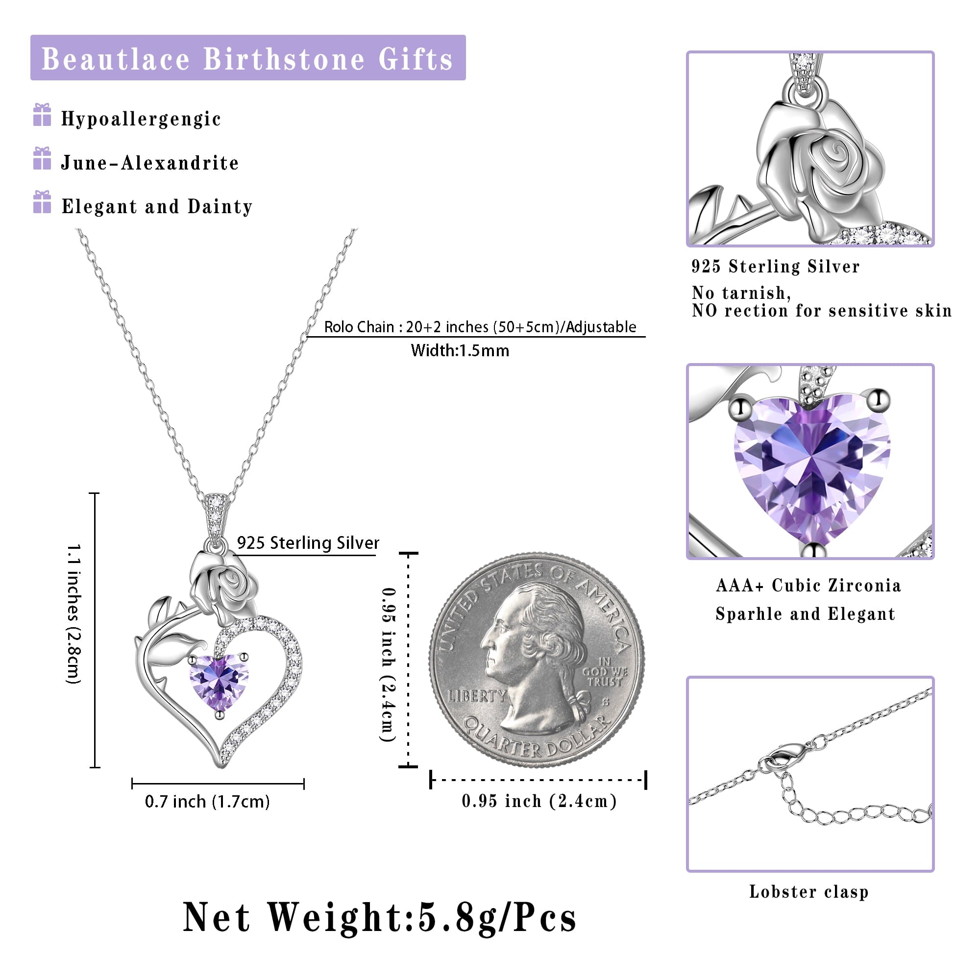 Beautlace 925 Sterling Silver Birthstone Necklace Rose Flower Heart Pendant Jewelry Christmas Valentines Mother's Day Gifts for Women Mom Wife/Lover