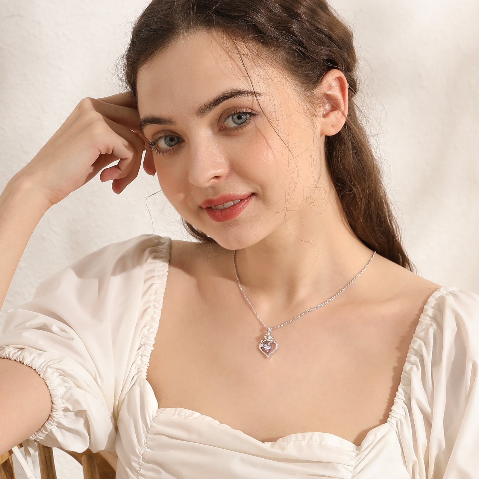 Beautlace 925 Sterling Silver Birthstone Necklace Rose Flower Heart Pendant Jewelry Christmas Valentines Mother's Day Gifts for Women Mom Wife/Lover